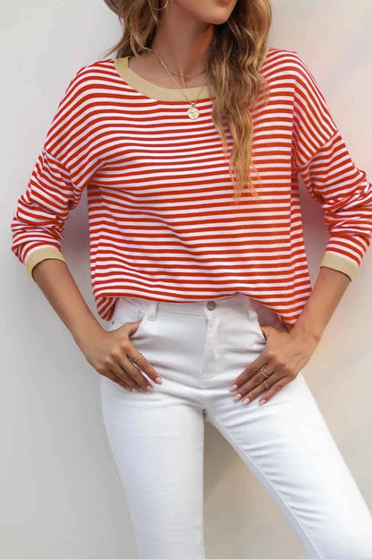 Striped Round Neck Drop Shoulder T-Shirt