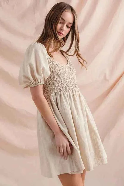 SO ME Textured Woven Daily Dress with Puff Sleeves