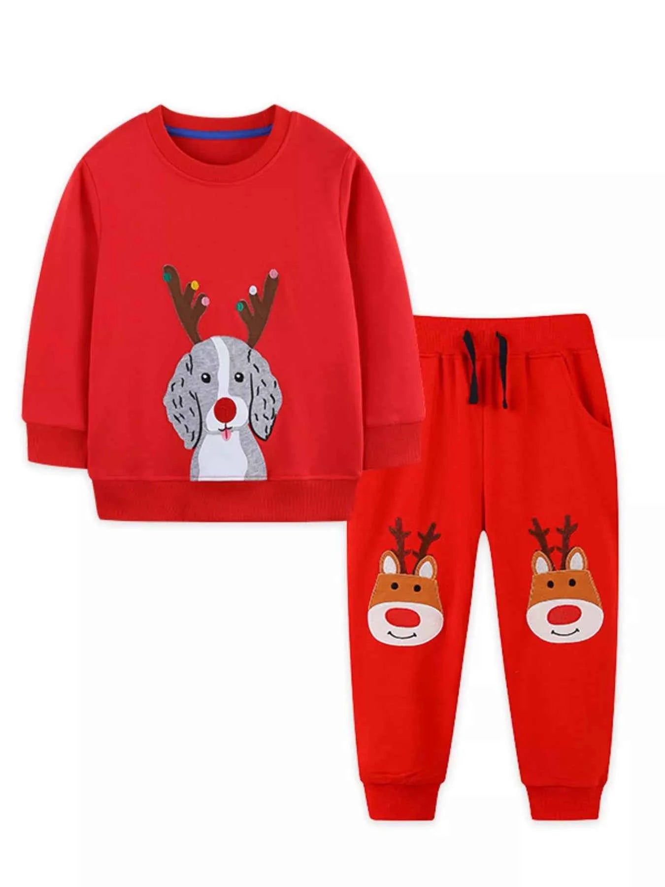 Children's Christmas Dog & Reindeer Round Neck Outfit Set