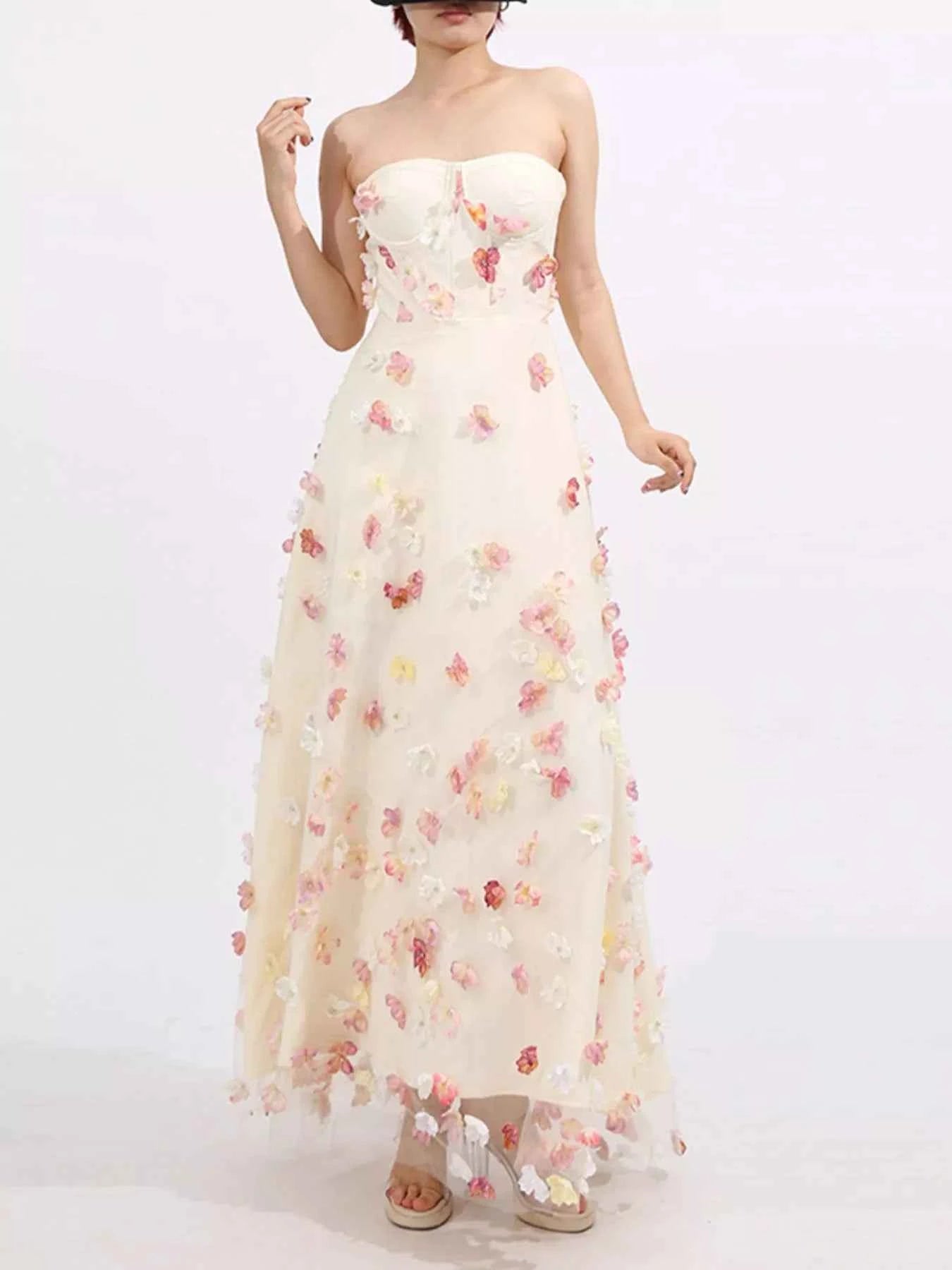 Floral Applique Strapless Tulle Maxi Dress