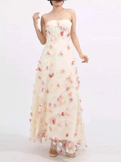 Floral Applique Strapless Tulle Maxi Dress