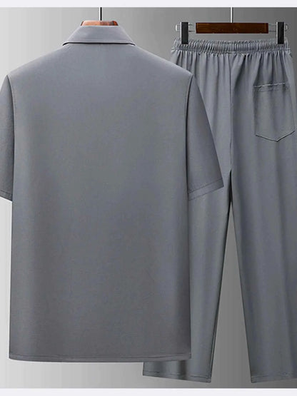 Men's Full Size Button Up Short Sleeve Top and Pants Set Plus Size