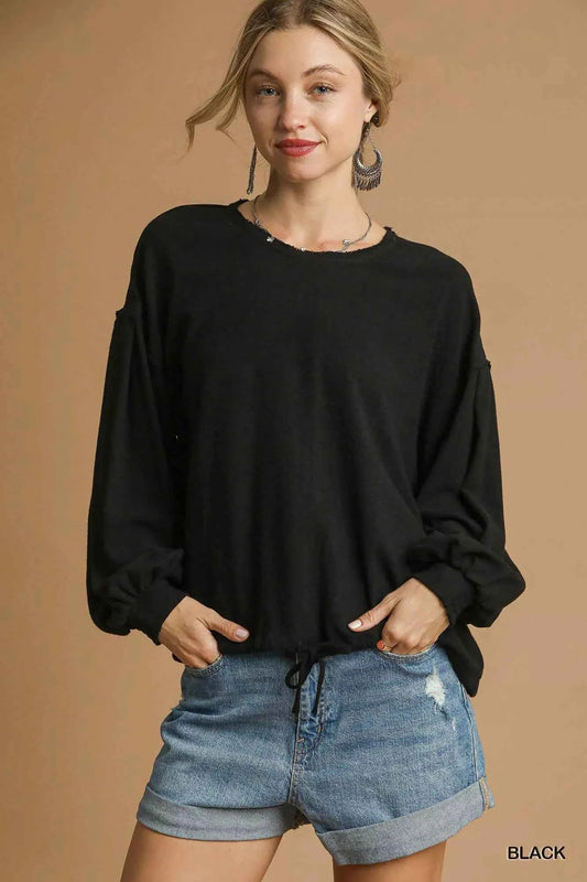 Umgee Full Size Linen Long Sleeve Top with Drawstring Plus Size