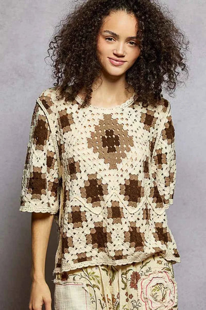 POL Round Neck Short Sleeve Color Pattern Crochet Top with Border Accents