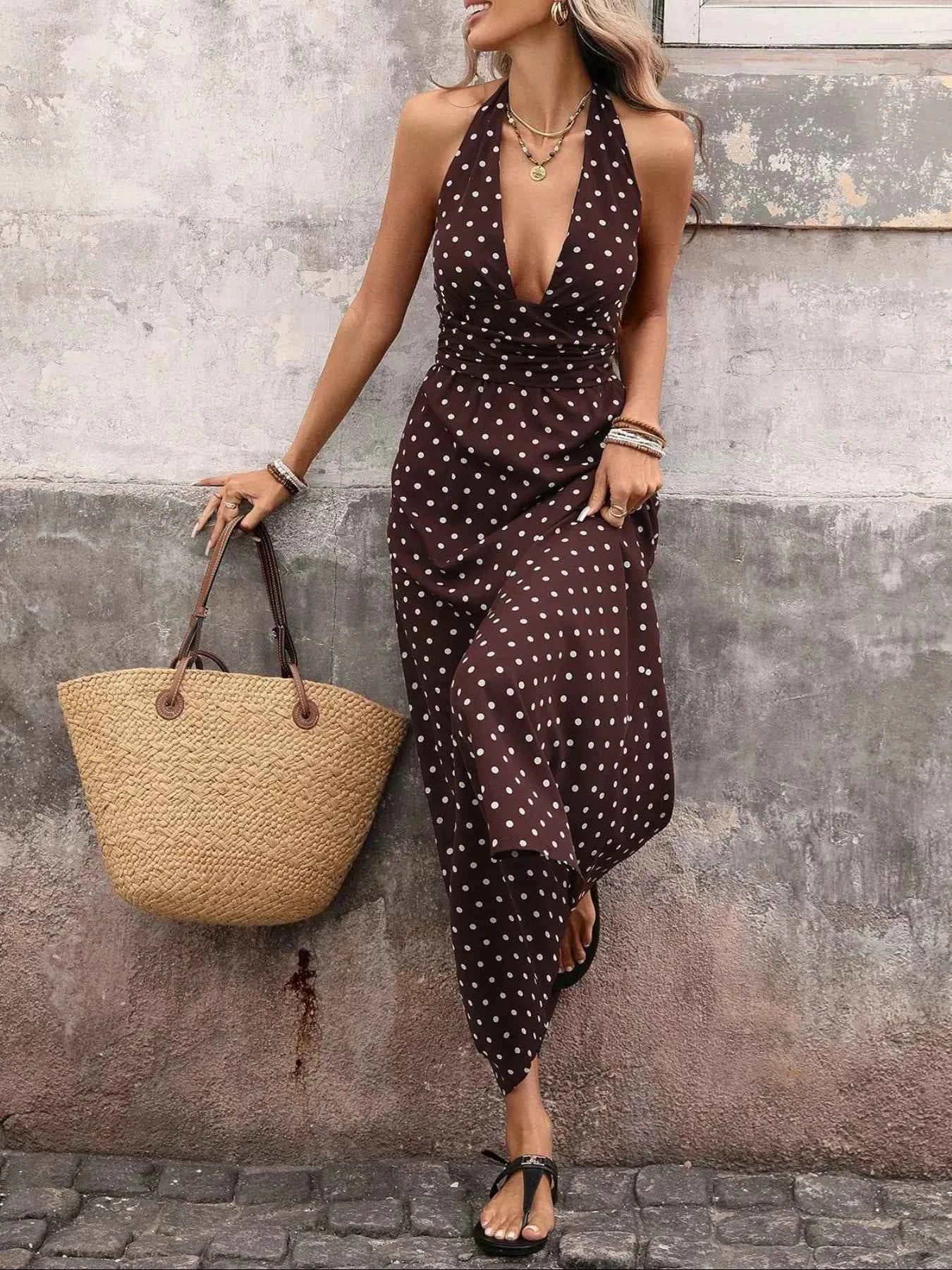 Halter Neck Polka Dot Maxi Dress