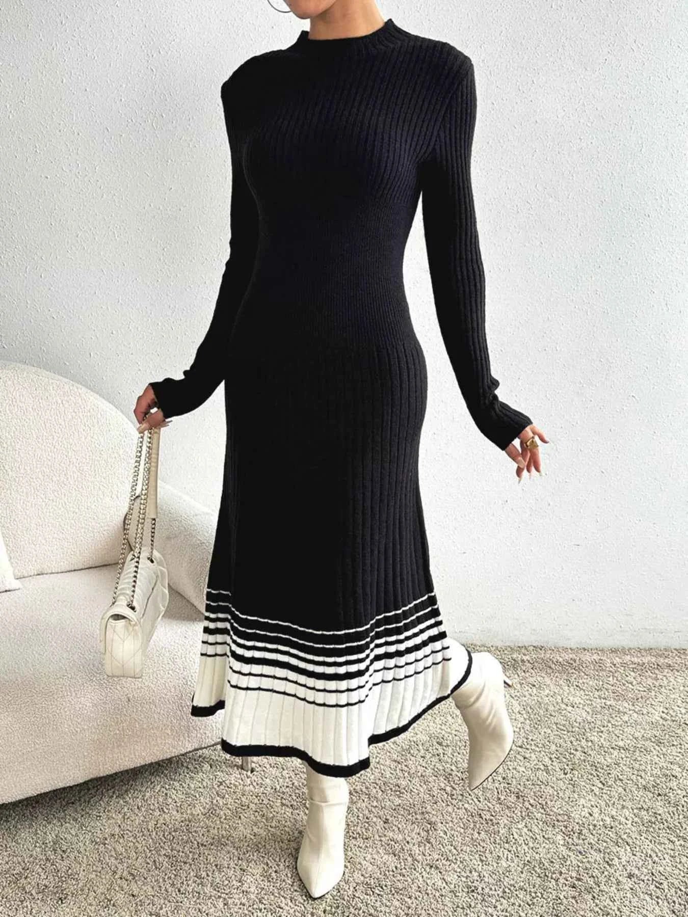 Ribbed Knit Sweater Dress with Striped Hem