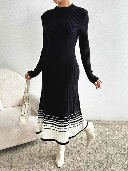Ribbed Knit Sweater Dress with Striped Hem