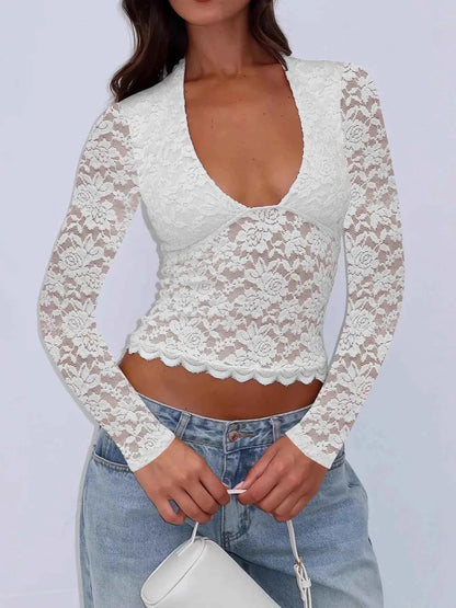 Floral Lace Long Sleeve Deep V-Neck Blouse with Scalloped Hem