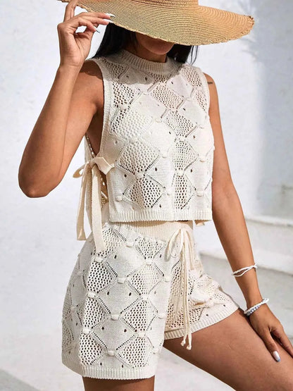 Diamond Pattern Sleeveless Top and Shorts Knit Set