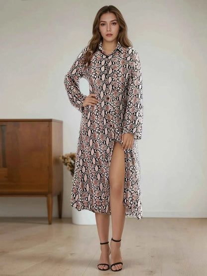 Snake Print Long Sleeve Shirt Dress