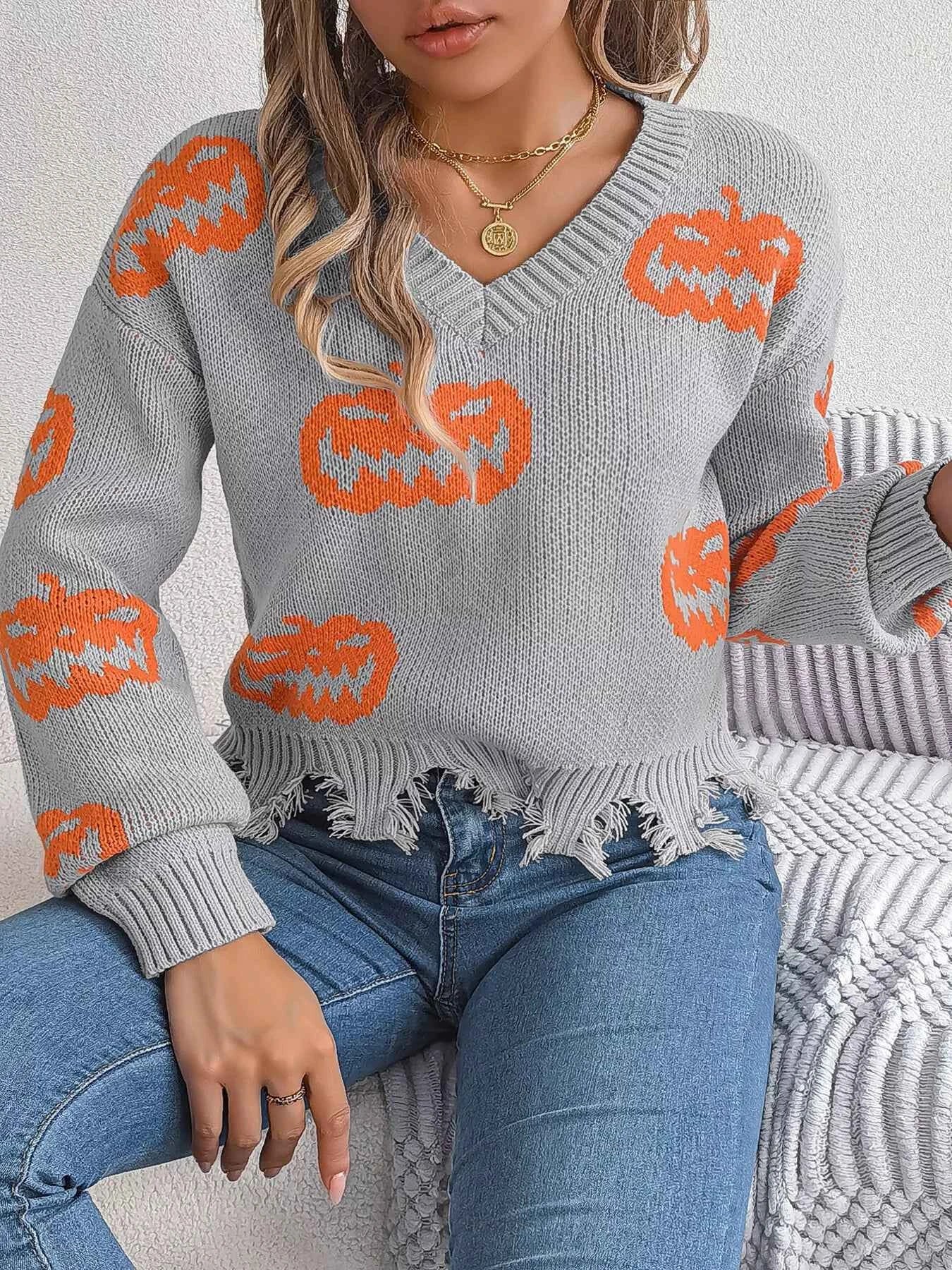 Halloween Pumpkin Pattern Raw Hem V-Neck Sweater