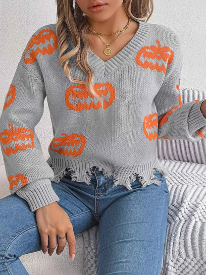 Halloween Pumpkin Pattern Raw Hem V-Neck Sweater
