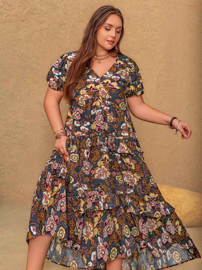 Plus Size V-Neck Short Sleeve Midi Dress