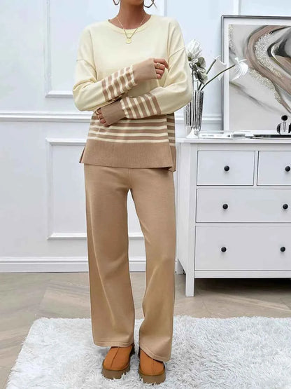 Devine Slit Striped Round Neck Top and Pants Sweater Set