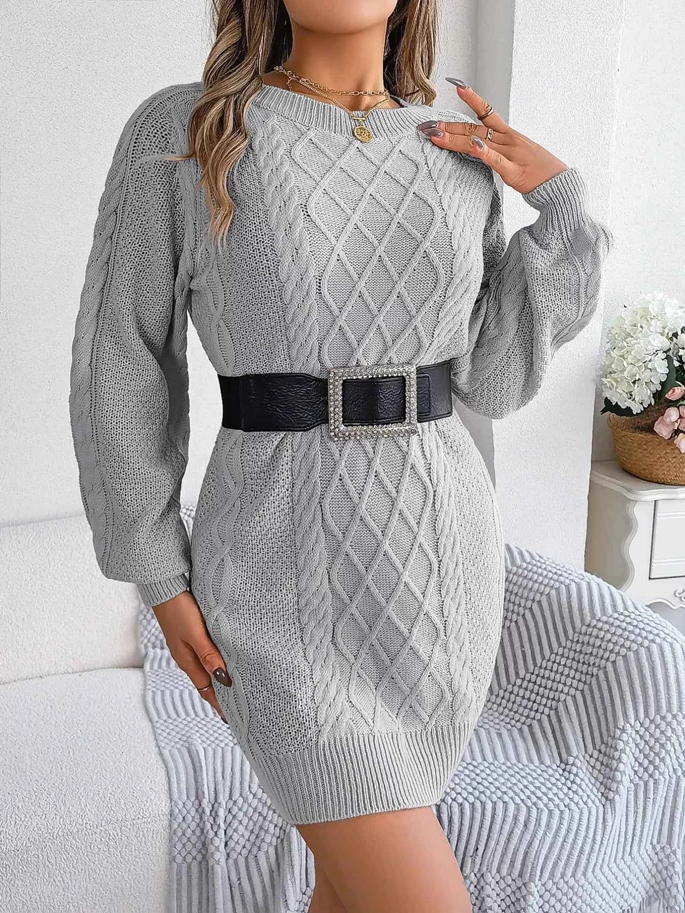 Diamond Cable Knit Sweater Dress with Long Sleeves