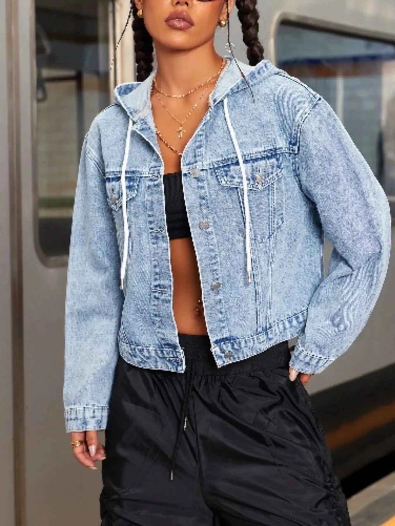 Hooded Drawstring Cropped Denim Jacket