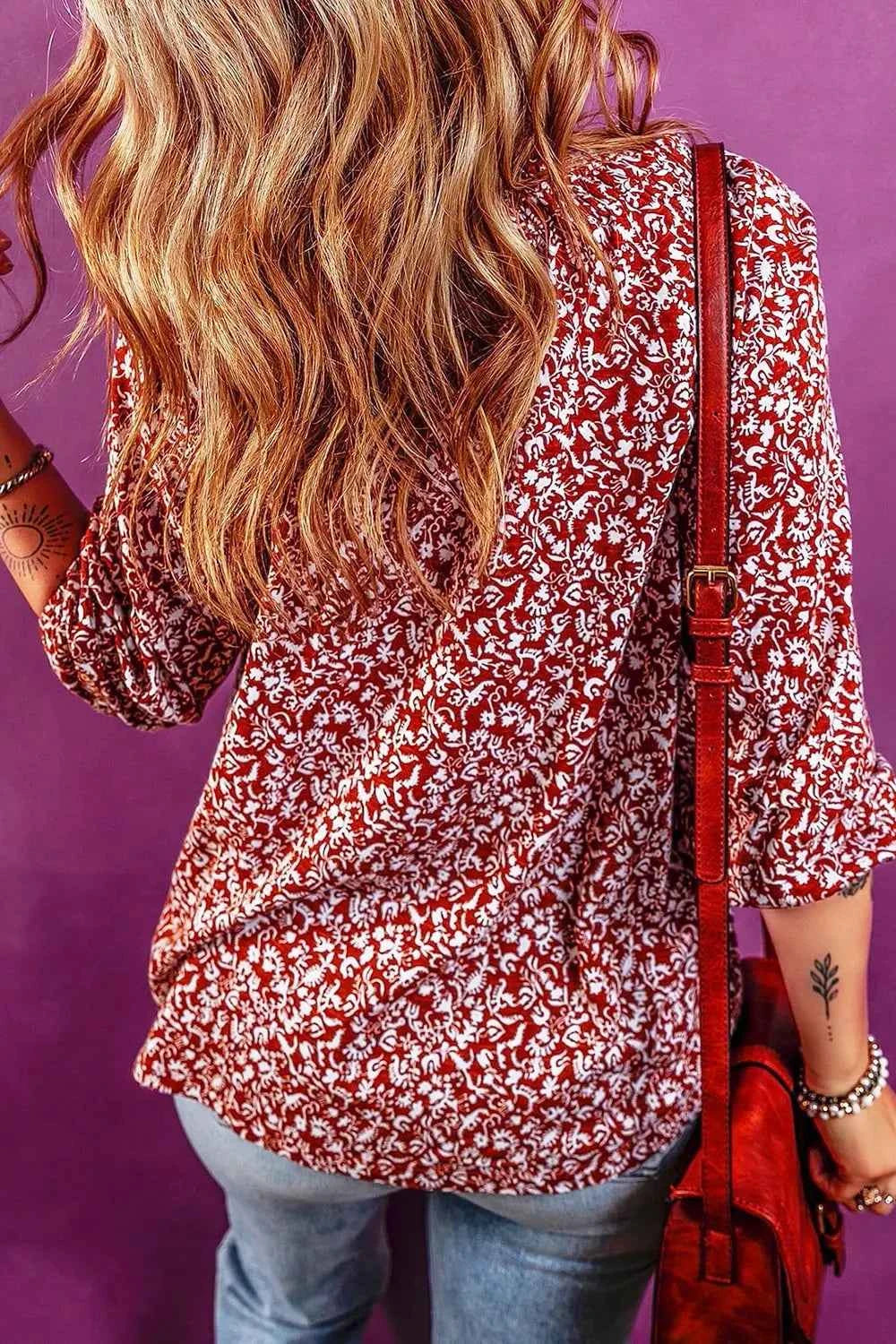 Printed Tie Neck Balloon Sleeve Blouse