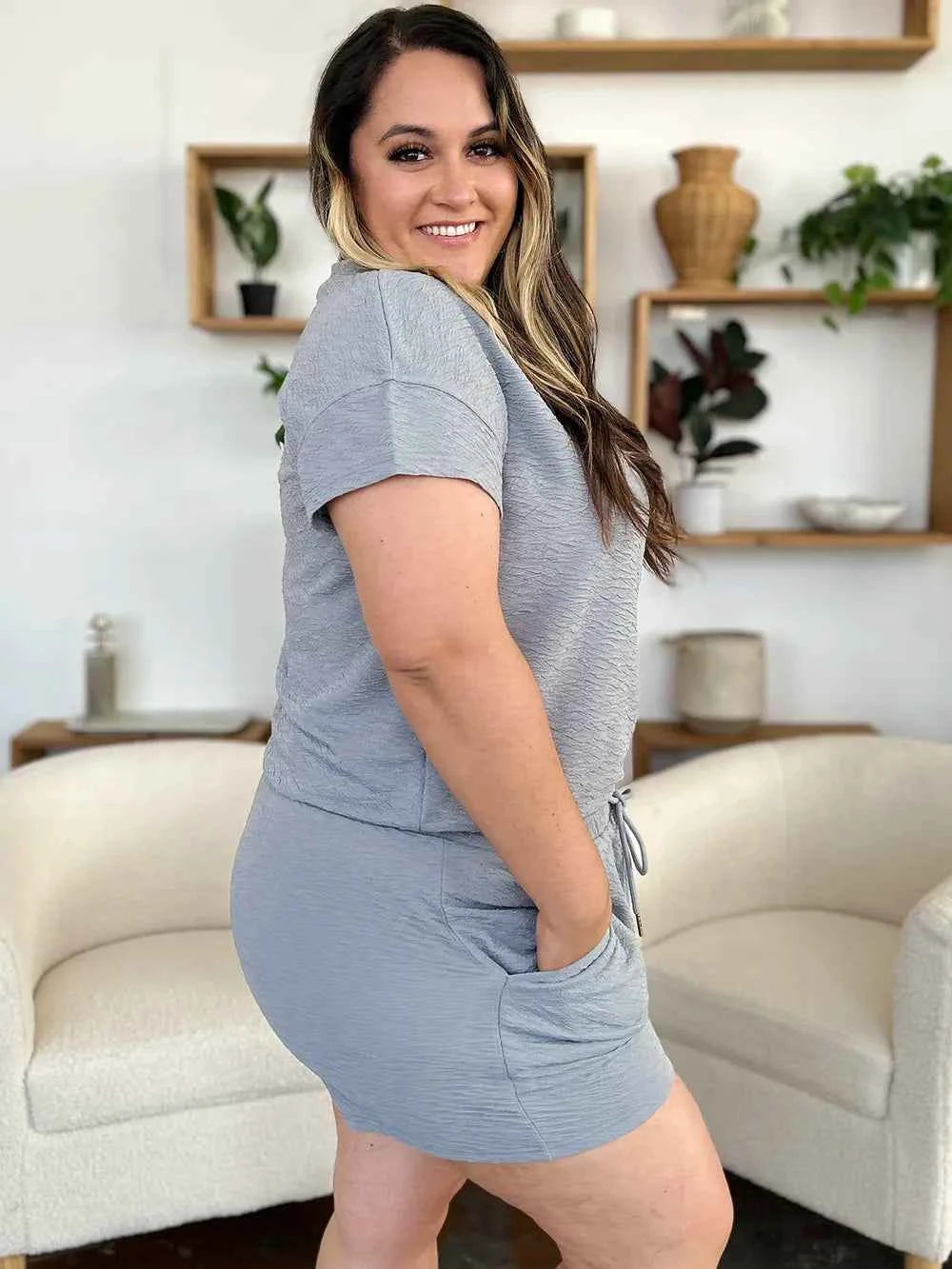 Double Take Full Size Texture Short Sleeve T-Shirt and Drawstring Shorts Set