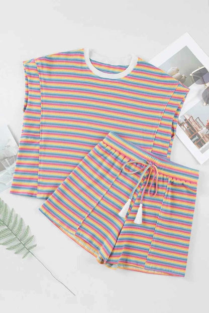Striped Round Neck Top and Shorts Set