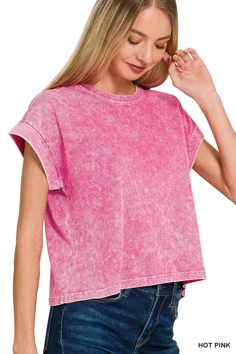 Zenana Halo Washed Cotton Cuffed Short Sleeve Top