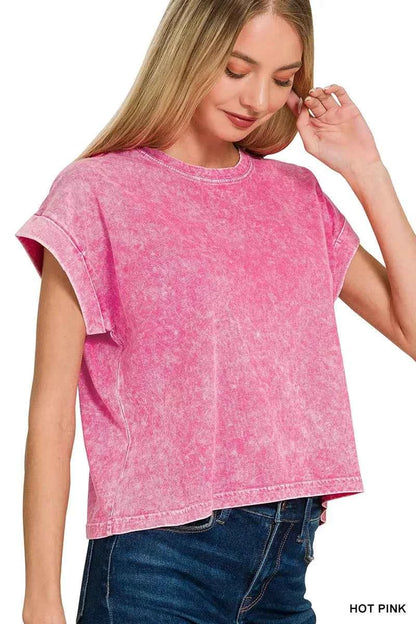 Zenana Halo Washed Cotton Cuffed Short Sleeve Top