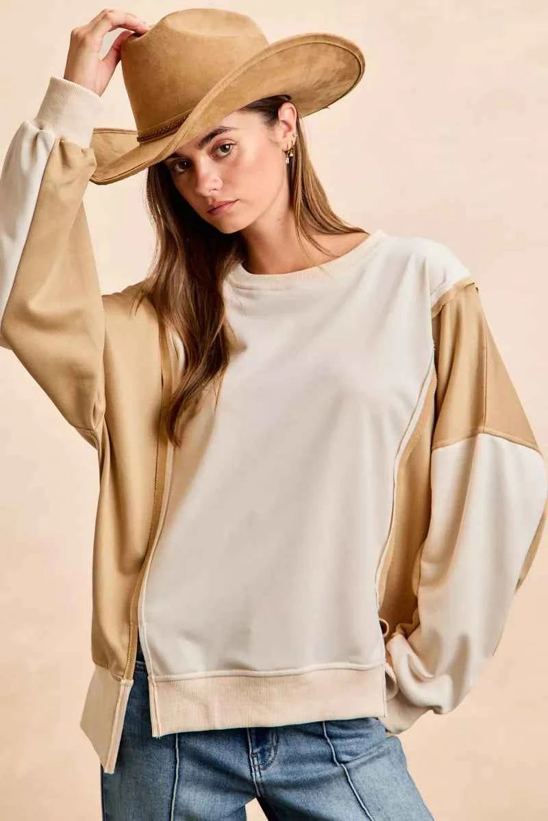 BiBi French Terry Color Block Top With Open Seam Detail