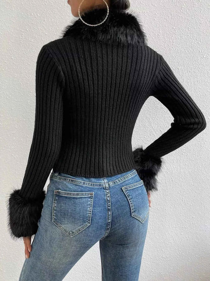 Faux Fur Trim Ribbed Knit Cropped Cardigan