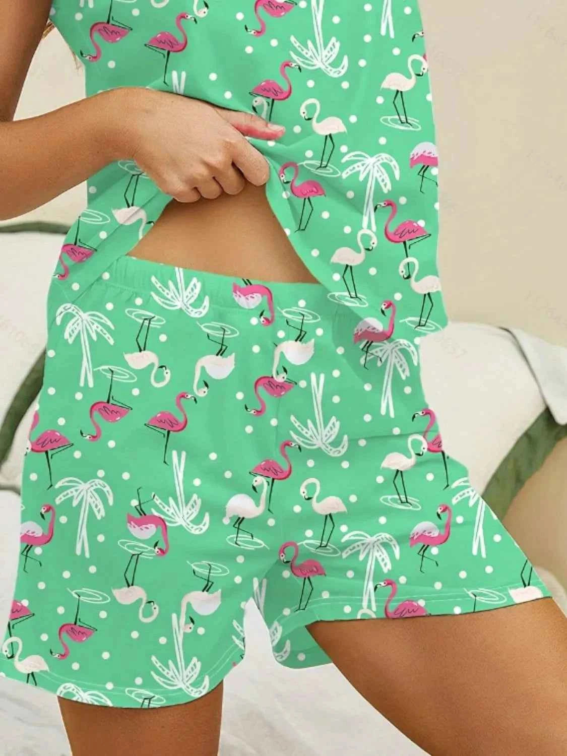 Printed Round Neck Top and Shorts Lounge Set