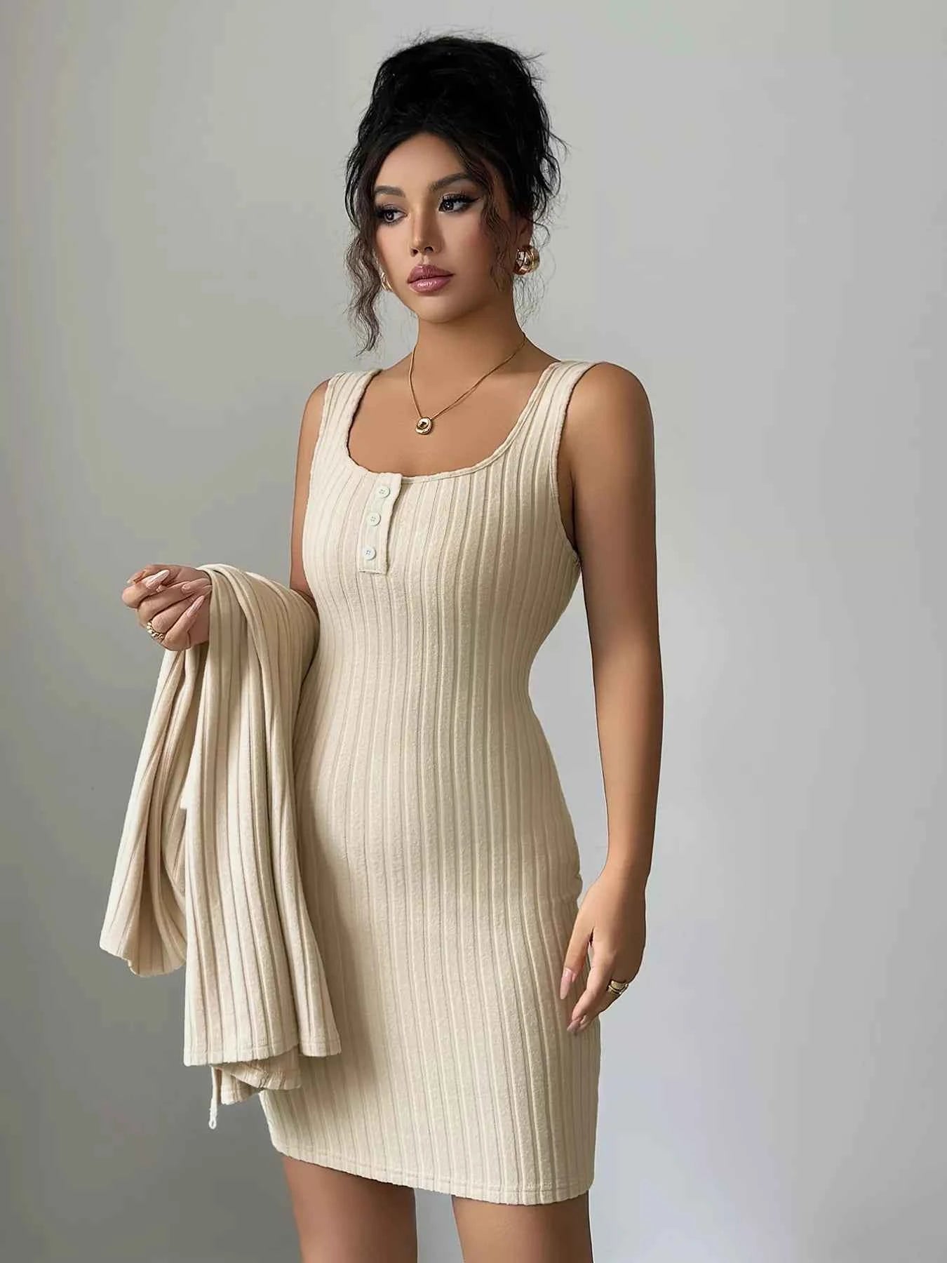 Ribbed Knit Cardigan & Dress Sweater Set