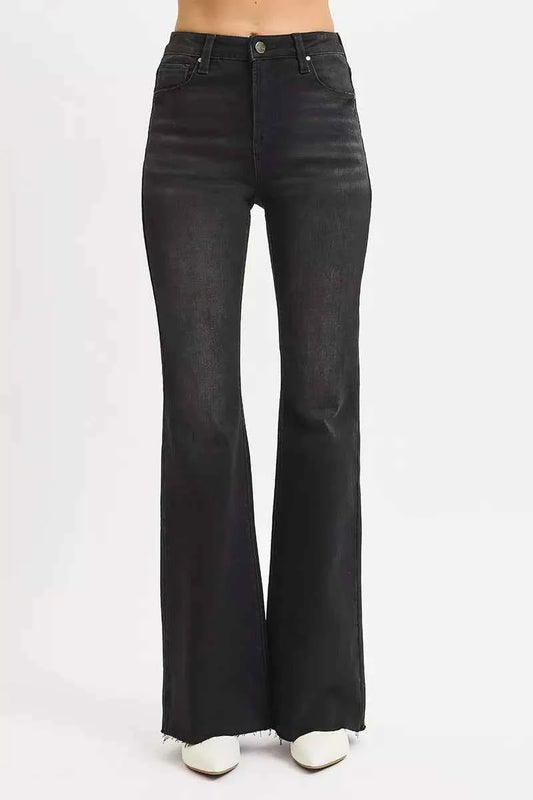 RISEN Full Size High Rise Flare Raw Cut Hem Jeans Plus Size