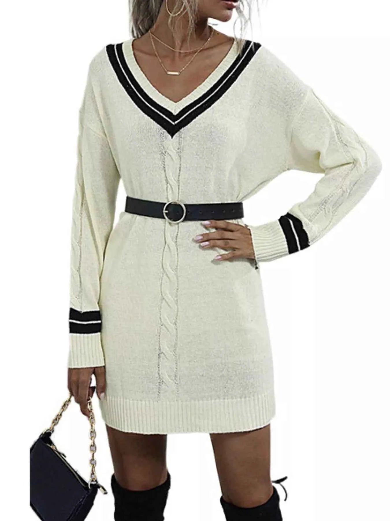 V-Neck Striped Trim Cable Knit Sweater Dress