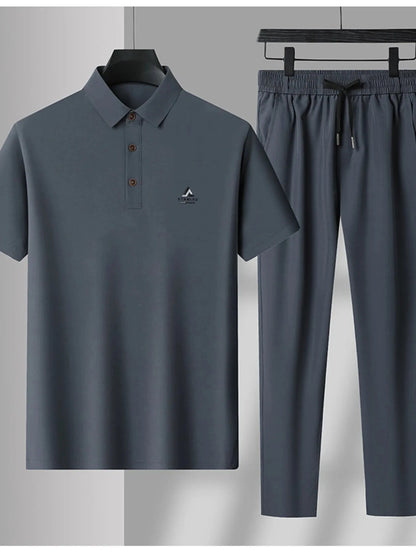 Men's Plus Size Button Detail Short Sleeve Polo and Pants Set