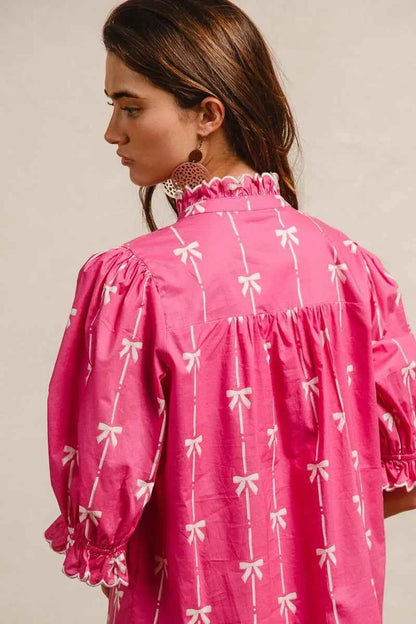 BiBi Ribbon Patterns With Scallops Edge Details Short Sleeve Dress