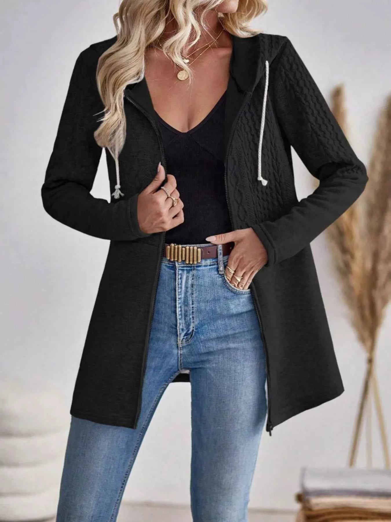 Drawstring Textured Zip Up Drawstring Hooded Jacket