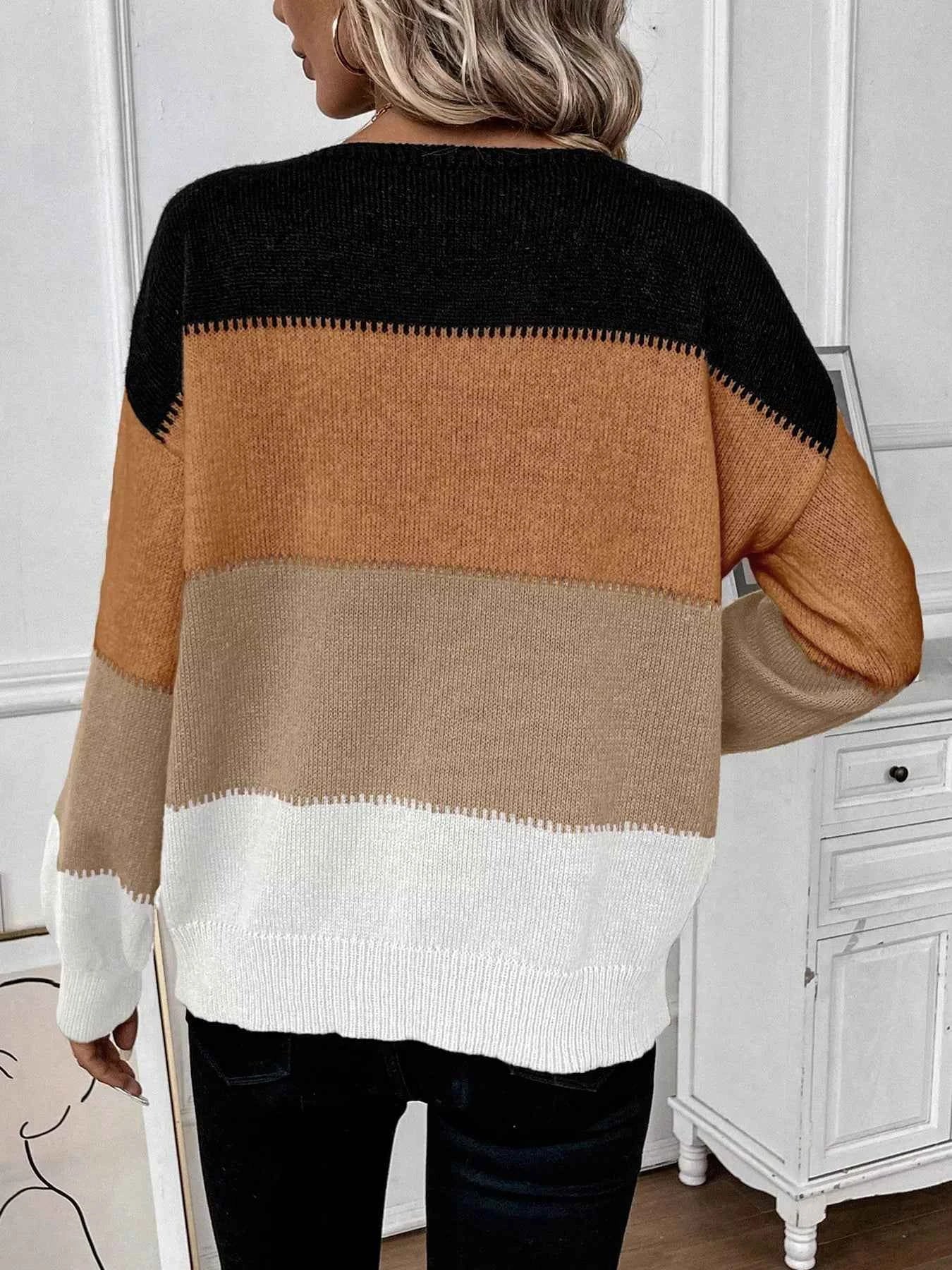Color Block Round Neck Knit  Sweater