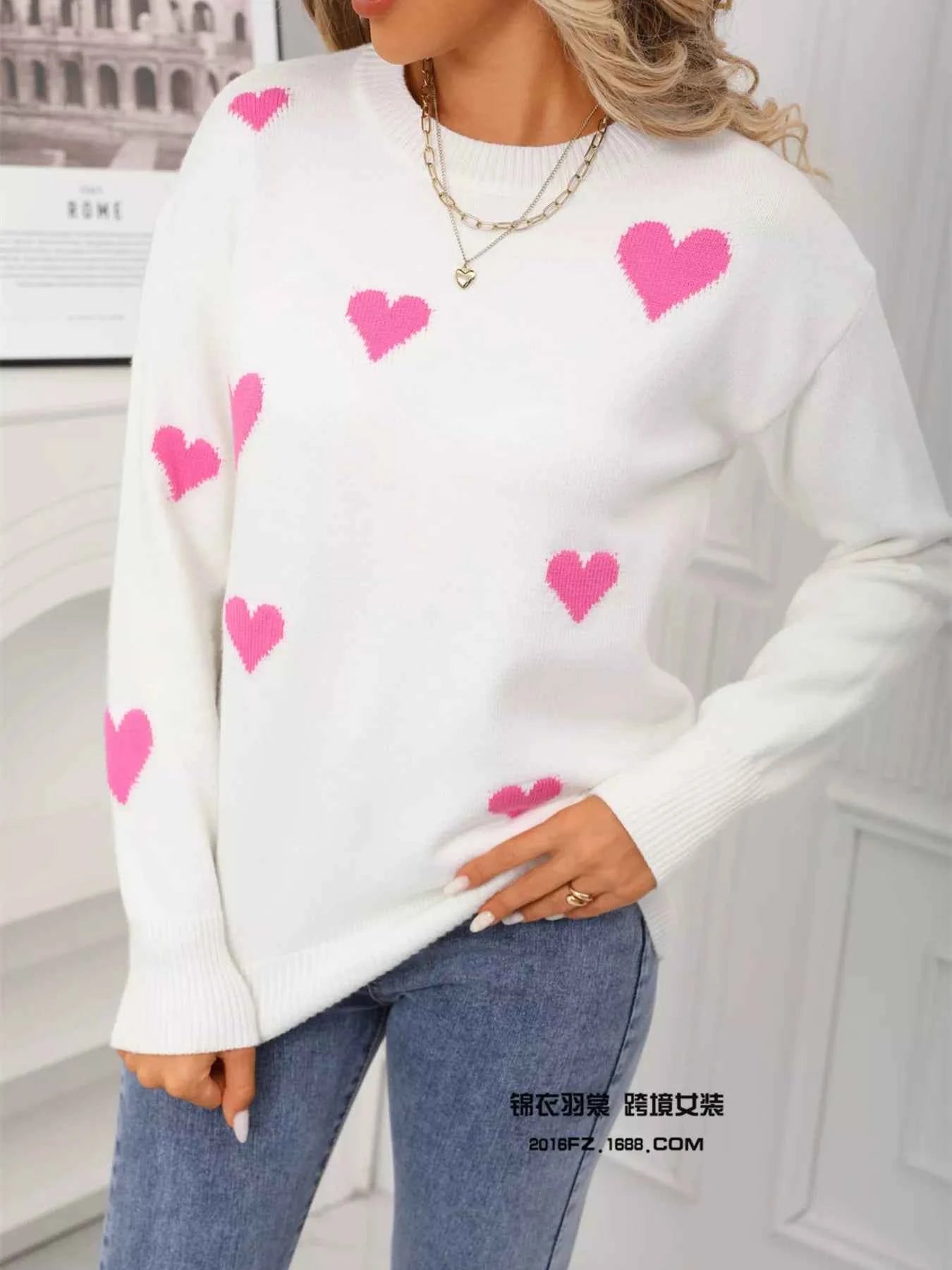 Valentine's Day Heart Print Round Neck Sweater