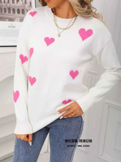 Valentine's Day Heart Print Round Neck Sweater