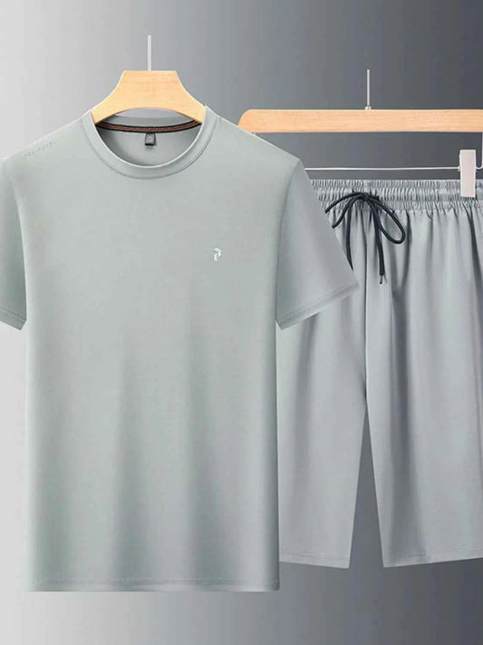Men's Plus Size Round Neck Short Sleeve Top and Shorts Set