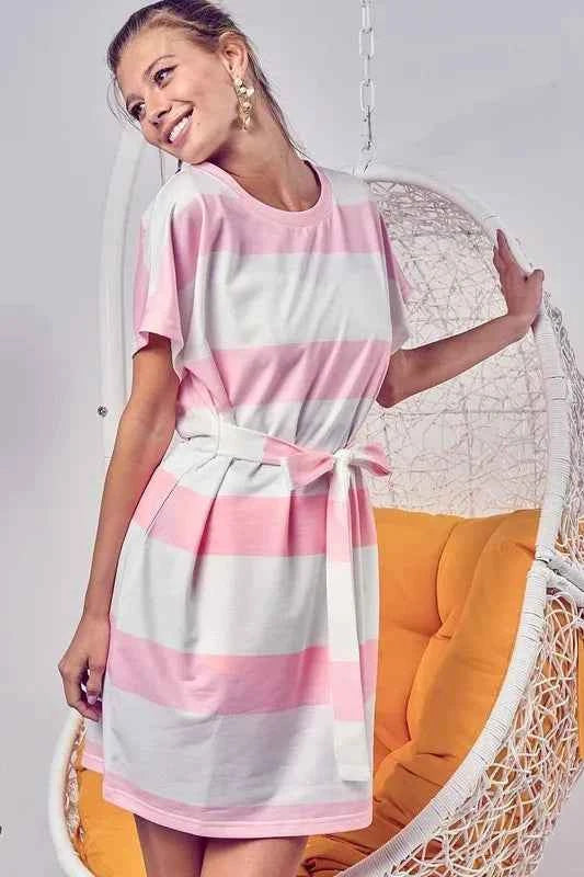 BiBi Tie Front Striped Short Sleeve Dress