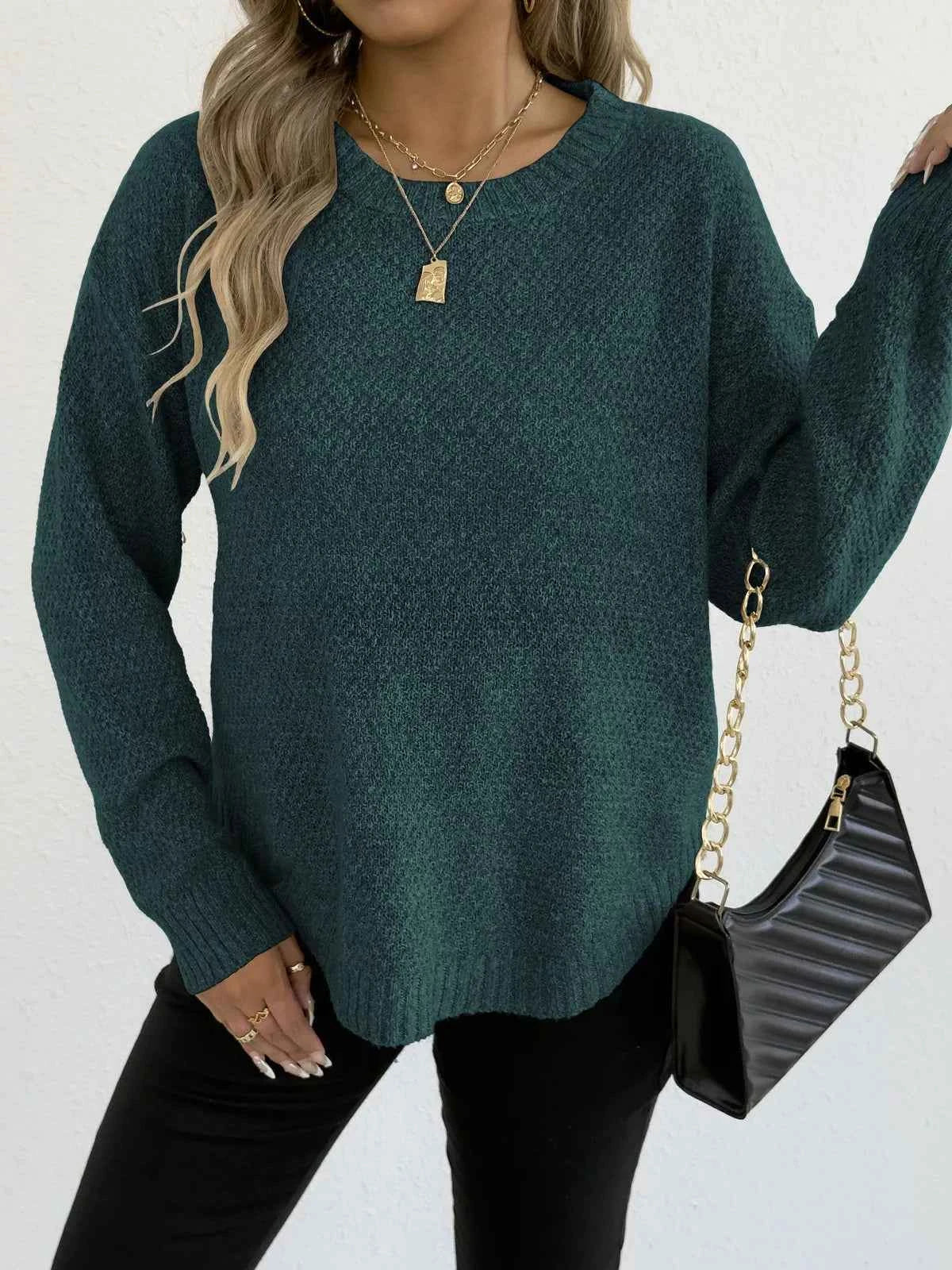 Textured Knit Relaxed Fit Round Neck Sweater