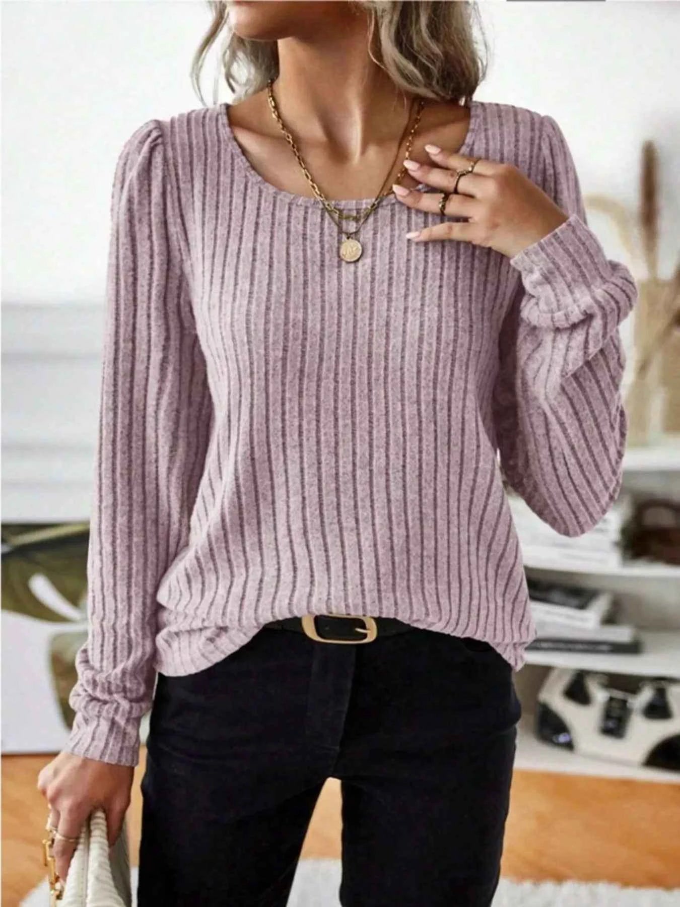 Ribbed Knit Long Sleeve T-Shirt