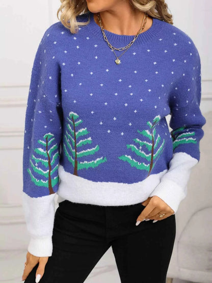 Tree Pattern Round Neck Sweater