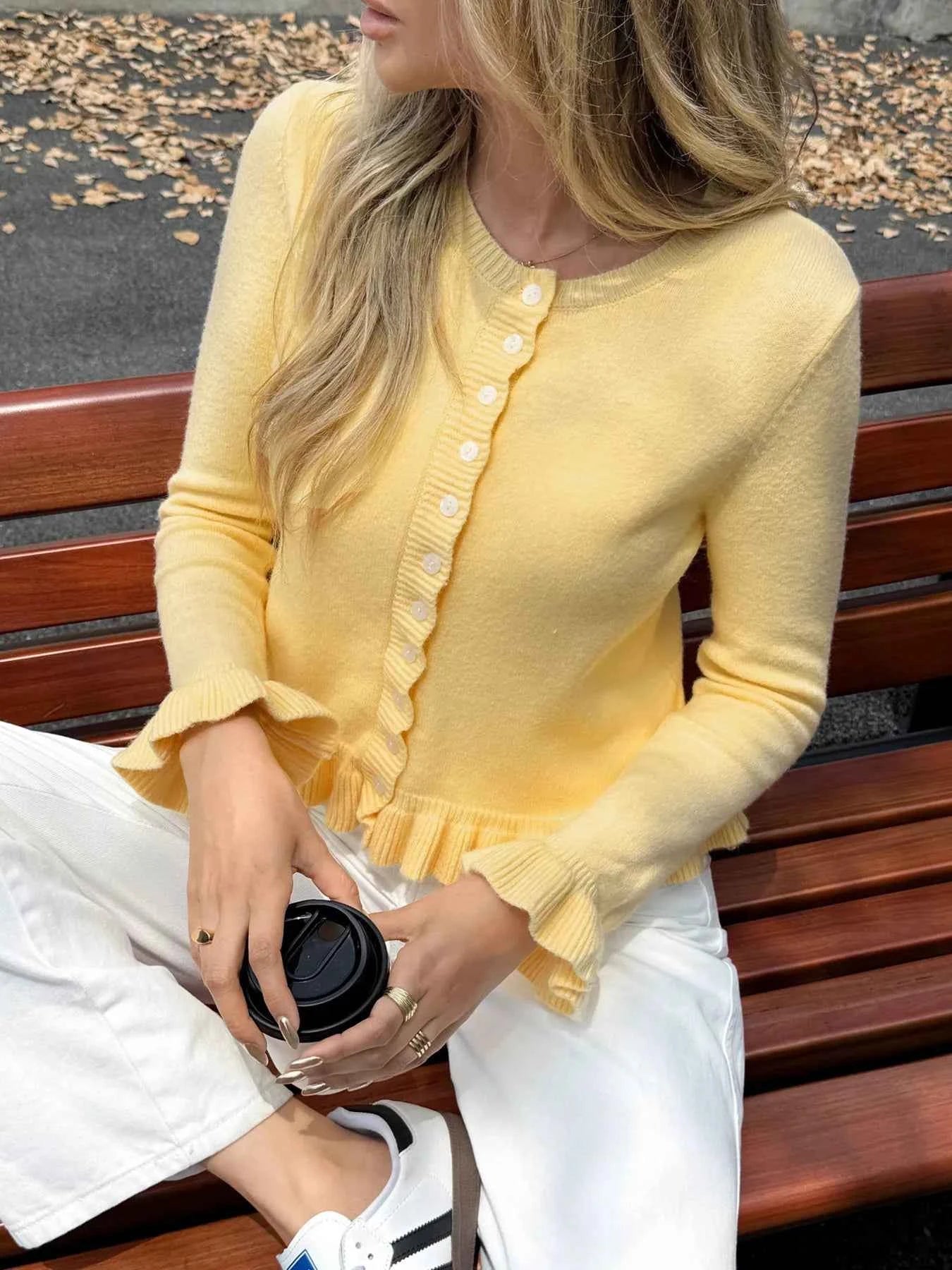 Ruffled Trim Button-Up Knit Cardigan