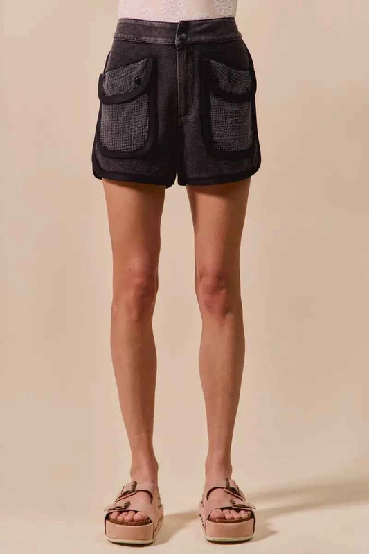 SO ME Mineral Washed Terry High Rise Cargo Shorts