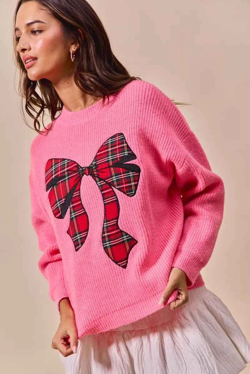 SO ME Checker Plaid Ribbon Christmas Holiday Sweater