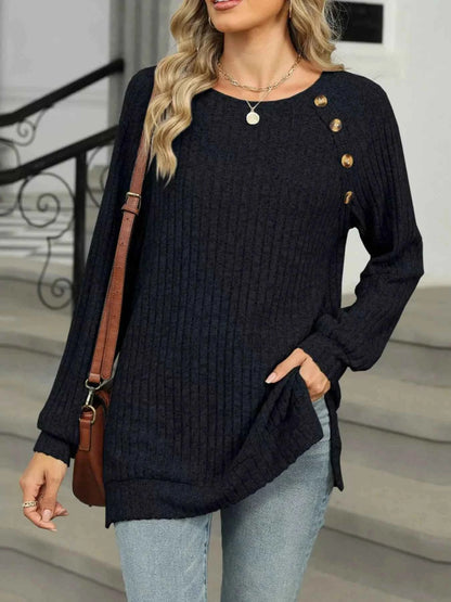 Round Neck Side Slit Ribbed Knit Top with Asymmetric Button Detail