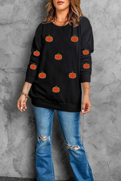 Pumpkin Round Neck Long Sleeve Sweatshirt