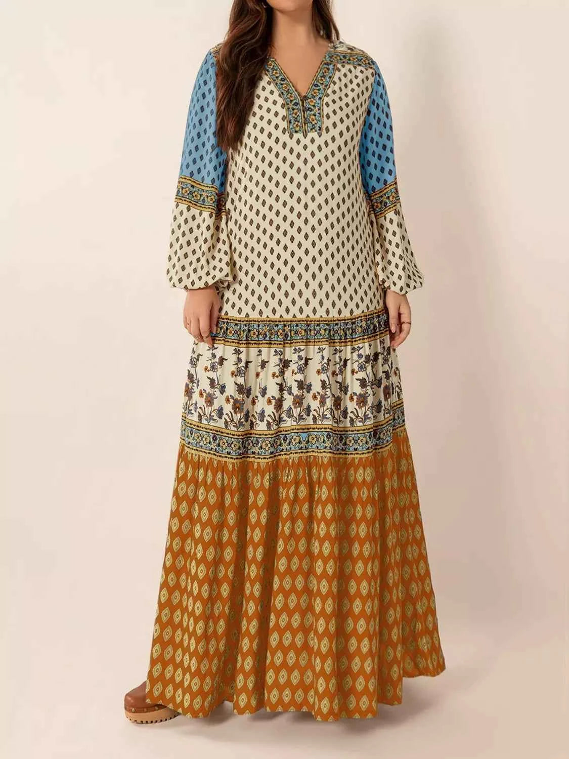 Bohemian Mixed Print Long Sleeve Maxi Dress