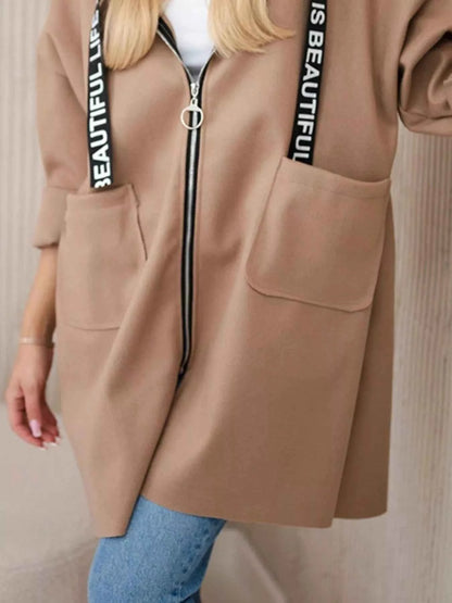 Full Size Hooded Zip-Up Longline Outerwear Plus Size