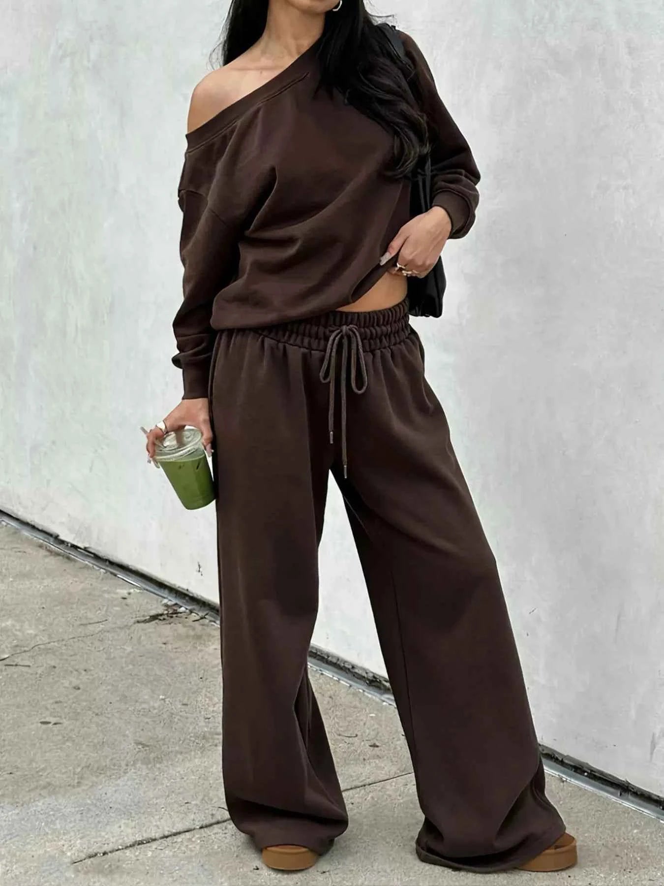 Boat Neck Long Sleeve Sweatshirt and Pants Set